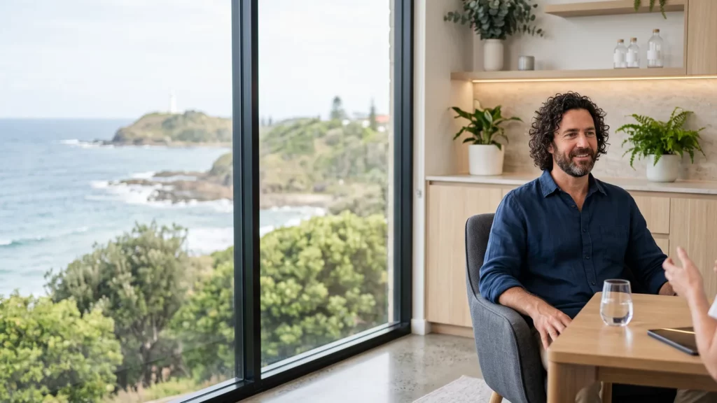 Man with curly dark hair seated in a modern hair restoration clinic