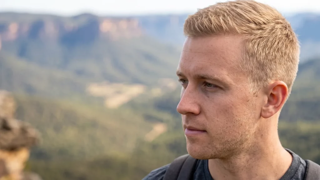Man with short cropped blond hair outdoors in natural light