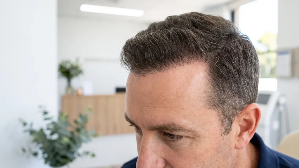 Close-up of a man's hairline showing dense healthy hair