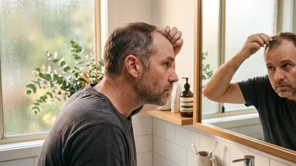 Man examining his hairline in a bathroom mirror in morning light