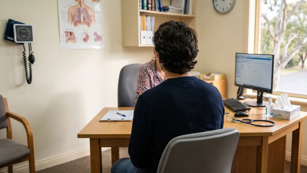 Man with thick dark wavy hair viewed from behind in a clinic consultation room